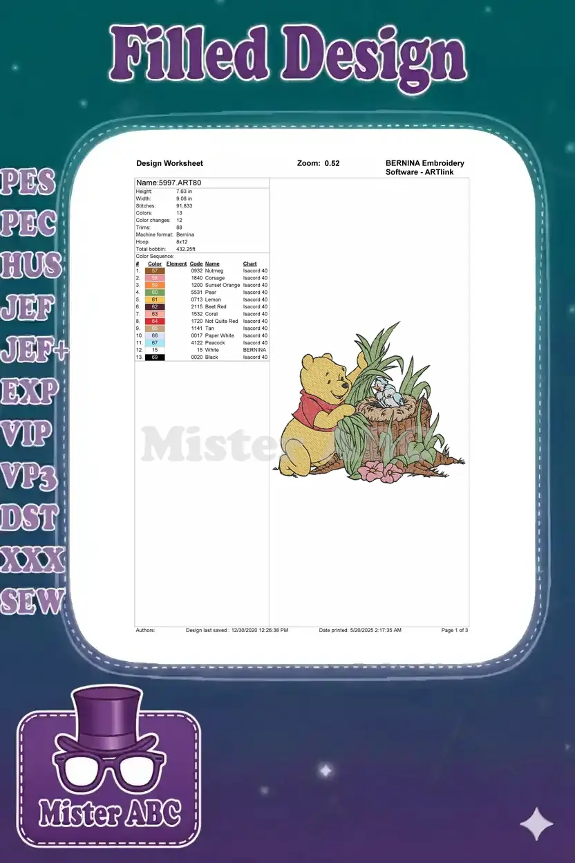 Detailed embroidery design worksheet for Pooh and baby birds, showing dimensions, stitch count, and color chart.