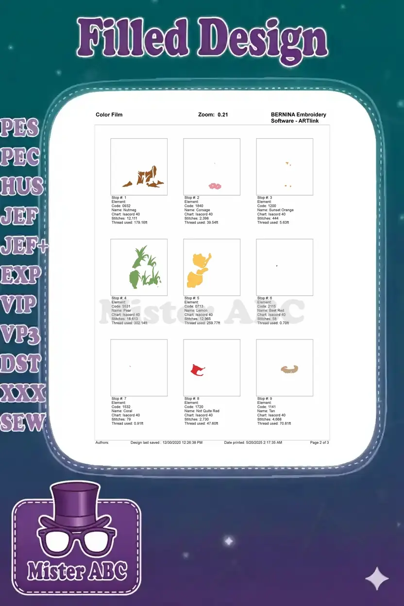 Color film breakdown, page 2, illustrating the first nine embroidery color stops with stitch details and thread.