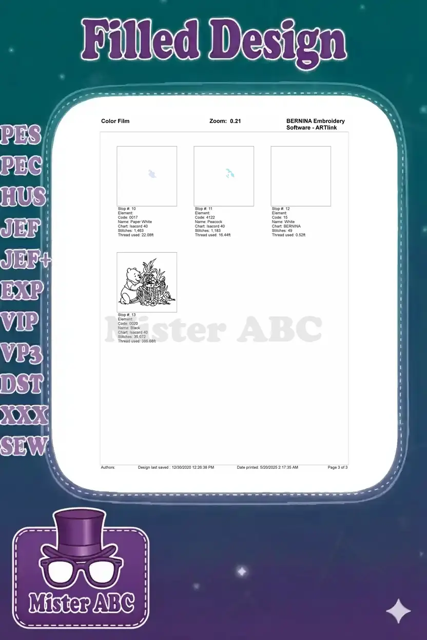 Color film breakdown, page 3, showing final embroidery color stops, outline, and complete design elements.