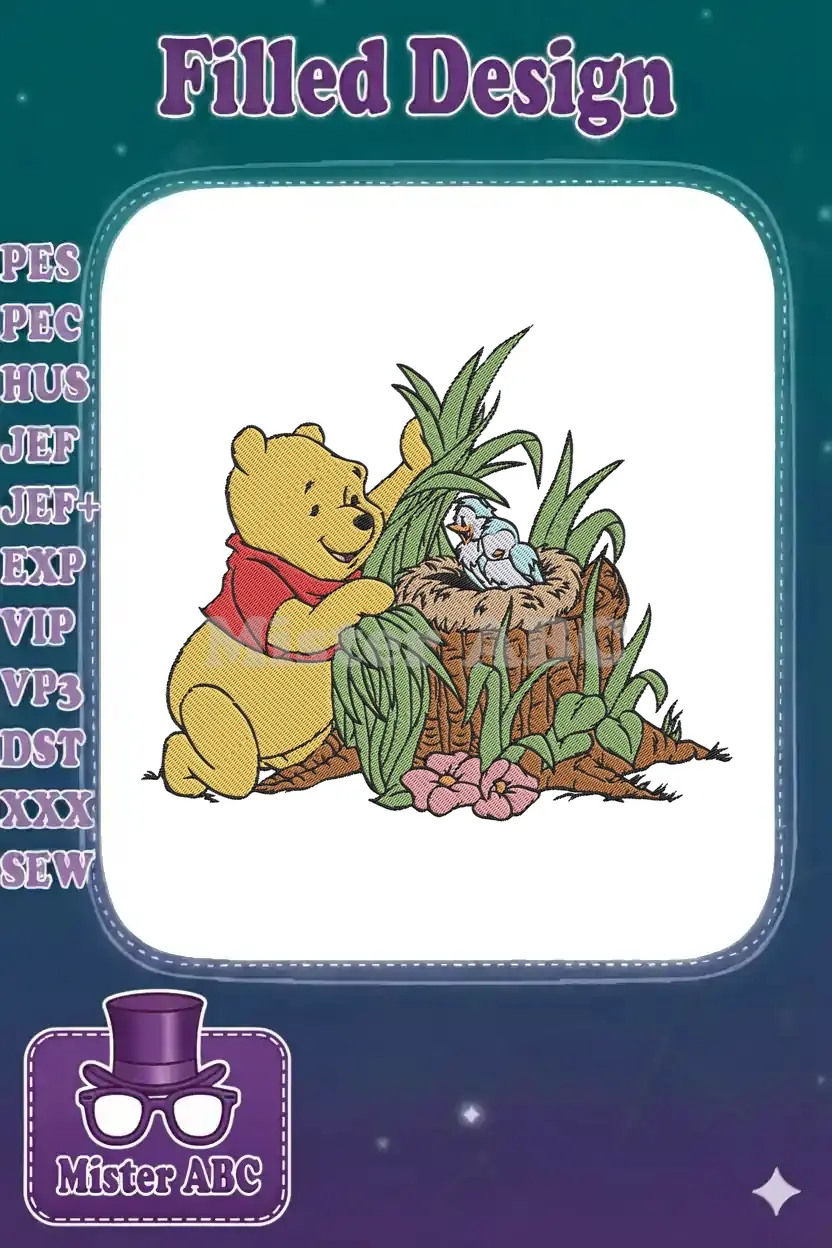 Winnie the Pooh tenderly watching two baby birds in a cozy nest on a tree stump, surrounded by lush greenery.