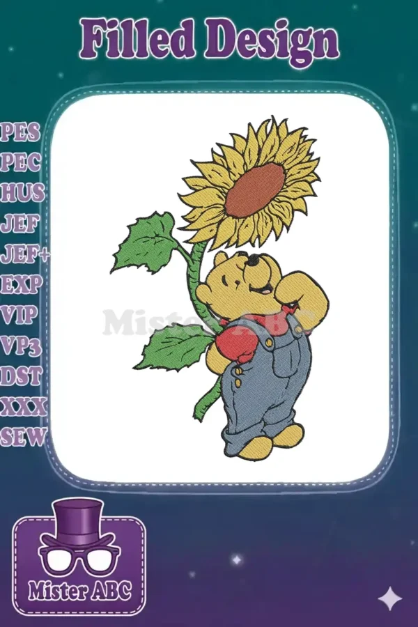 Winnie the Pooh embroidery design featuring Pooh Bear in overalls holding a large, cheerful sunflower against a white background.