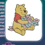 Happy Winnie the Pooh holding beautiful flowers embroidery designs - Instant Download