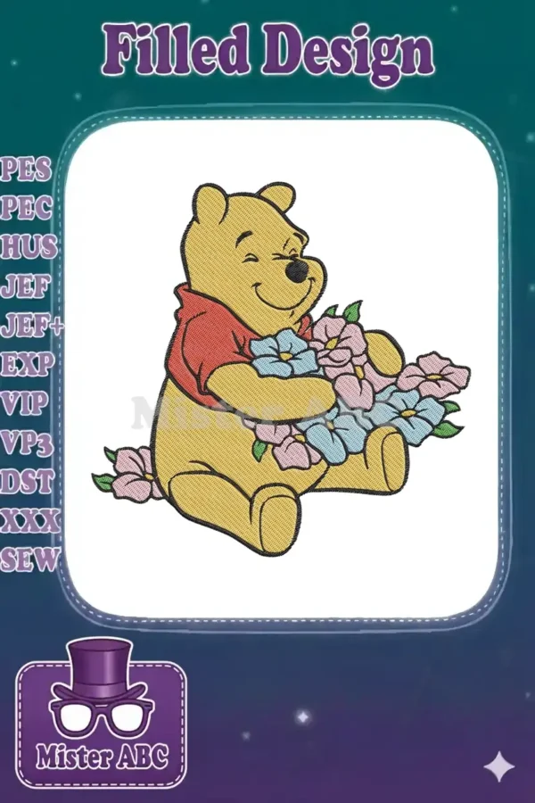 Winnie the Pooh embroidery design, happily seated and embracing a colorful bouquet of blue and pink flowers with a joyful smile.