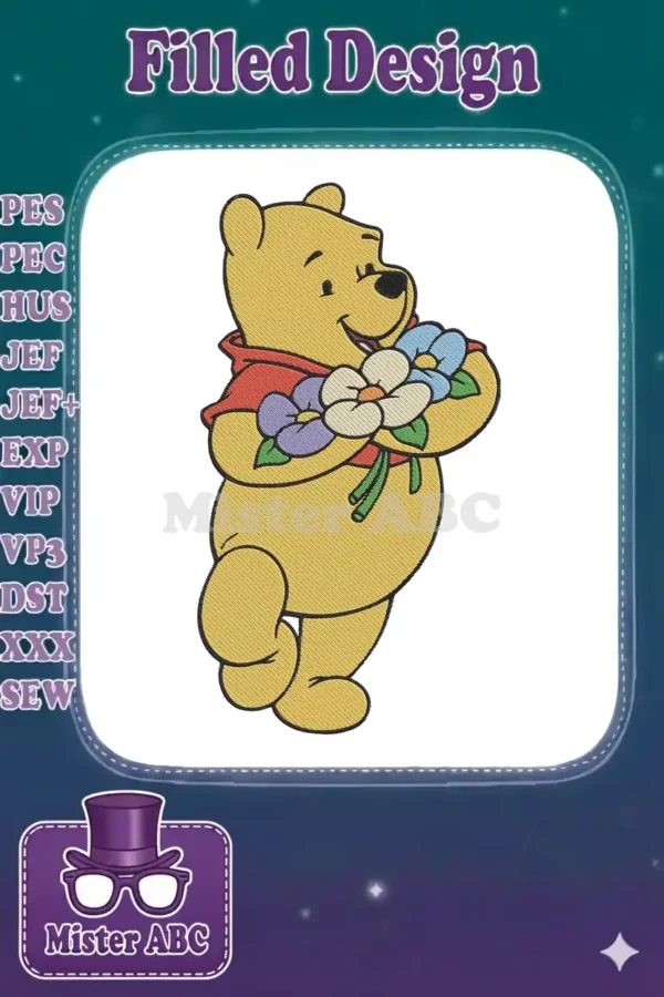 Winnie the Pooh embroidery design, a cheerful yellow bear with a red shirt, holding a colorful bouquet of flowers.