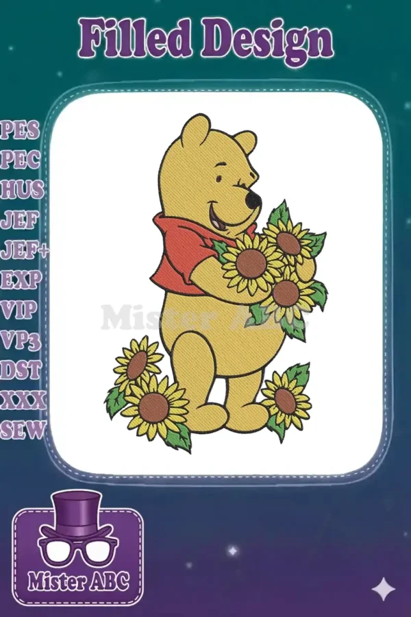 Winnie the Pooh holding a large bouquet of bright yellow sunflowers, full of joy and intricate embroidery details.
