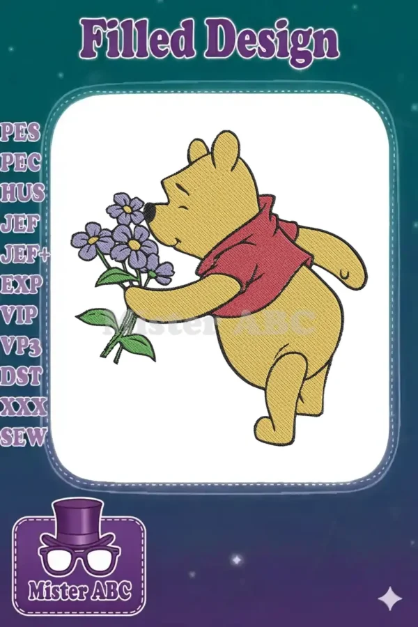Winnie the Pooh, a beloved yellow bear in a red shirt, gently smelling purple flowers, presented as an embroidery design.
