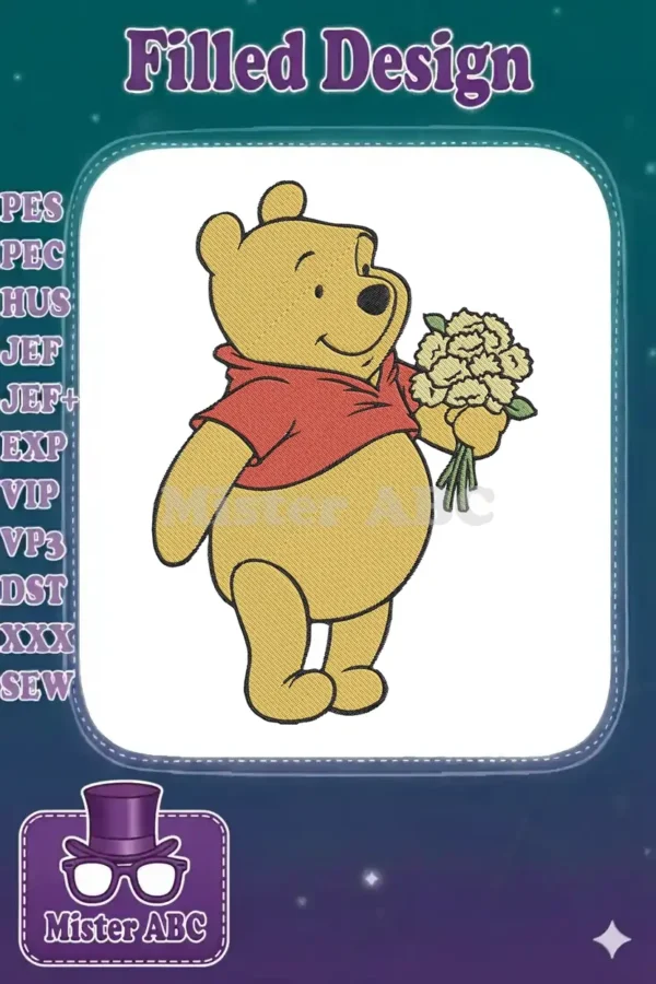 Winnie the Pooh embroidery design, smiling and holding a bouquet of yellow flowers, perfect for cheerful projects.