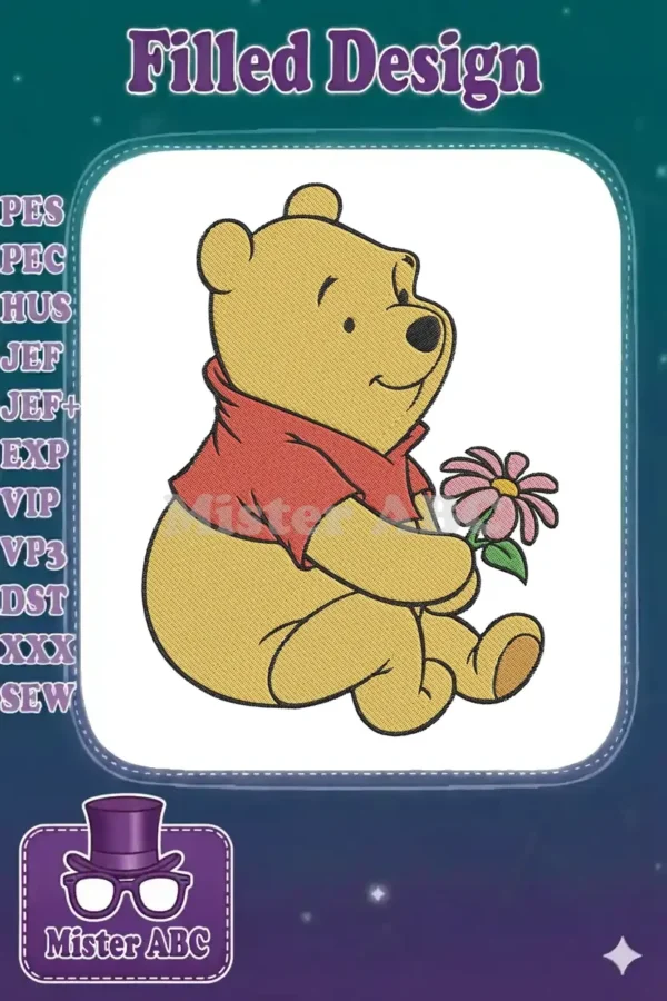 Winnie the Pooh embroidery design, featuring the beloved bear sitting and gently holding a pink daisy flower. A timeless classic.
