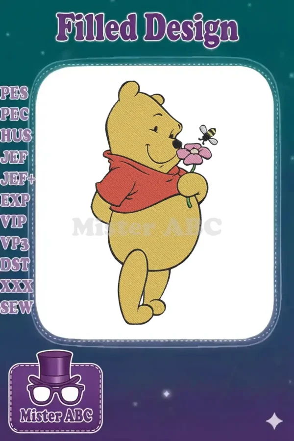 Winnie the Pooh embroidery design, smiling and holding a pink flower, with a small bee flying nearby.