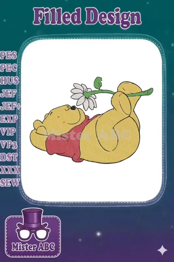 Winnie the Pooh embroidery design showing the lovable bear lying on his back, holding a white daisy with his foot.