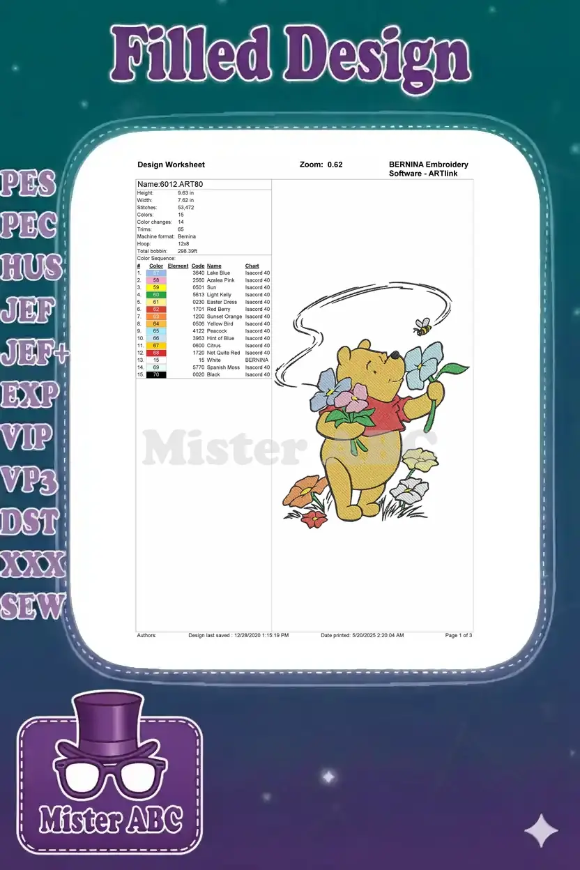 Embroidery design worksheet for Winnie the Pooh, detailing dimensions, stitch count, color sequence, and machine info.