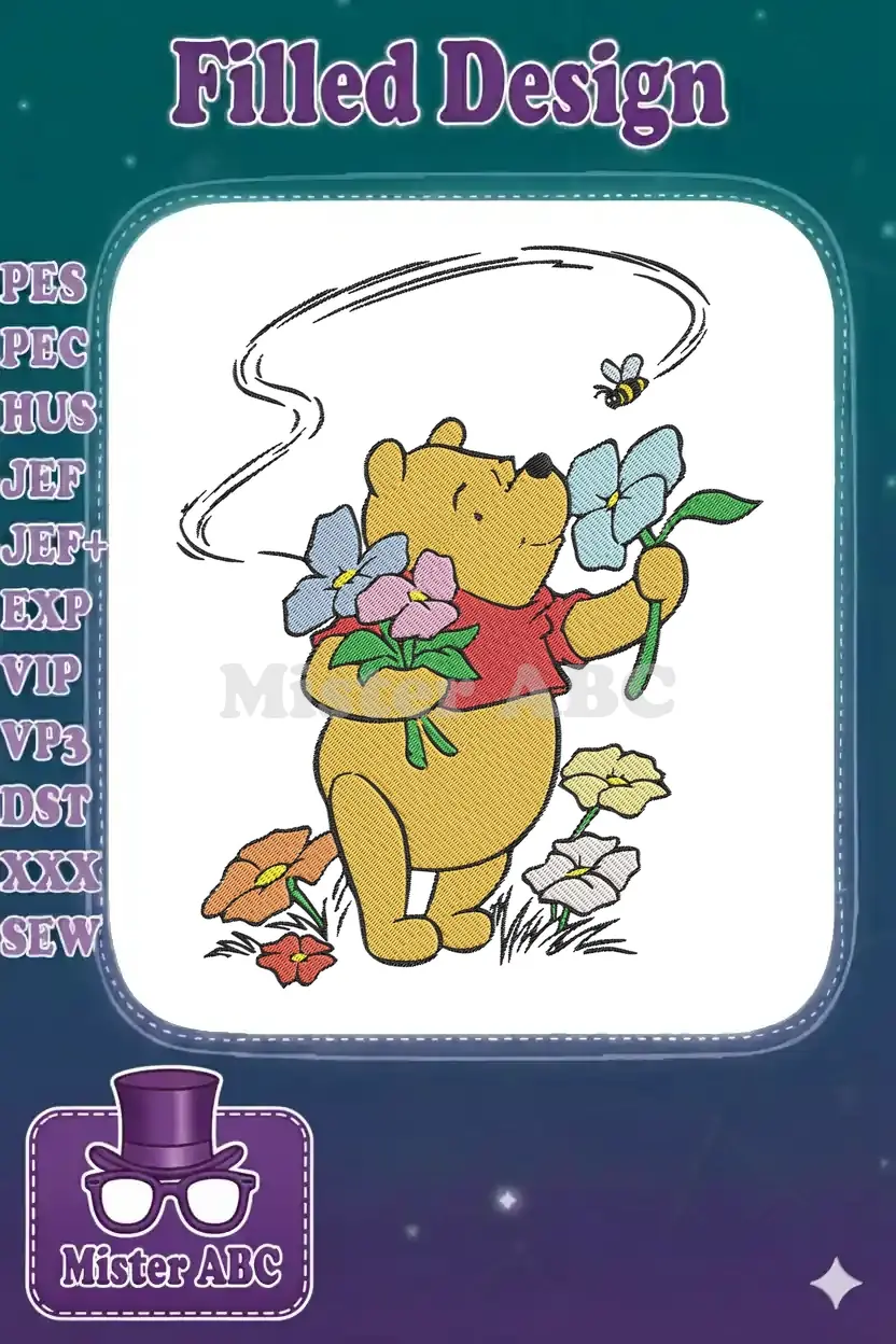 Winnie the Pooh holding a bouquet of colorful flowers, with a bee flying above, on a white background.