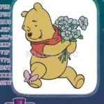 Winnie Pooh holding blue flowers embroidery designs with pink butterfly - Instant Download