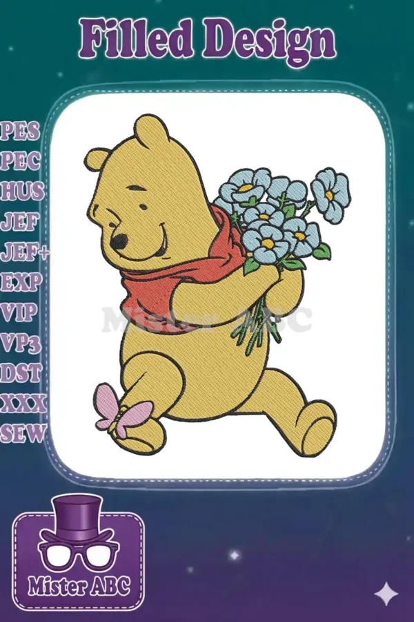 Winnie the Pooh embroidery design, happily carrying a bouquet of blue flowers with a pink butterfly on his foot.