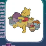 Winnie the Pooh holding a pot surrounded by autumn foliage embroidery designs - Instant Download