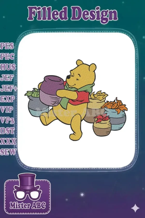 Winnie the Pooh holding a purple pot, surrounded by other pots filled with colorful autumn leaves.
