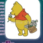 Happy Winnie the Pooh with basket of flowers embroidery designs - Instant Download