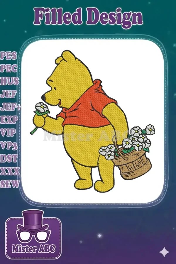 Winnie the Pooh embroidery design, cheerful Pooh holding a daisy and a basket brimming with flowers, on white background.