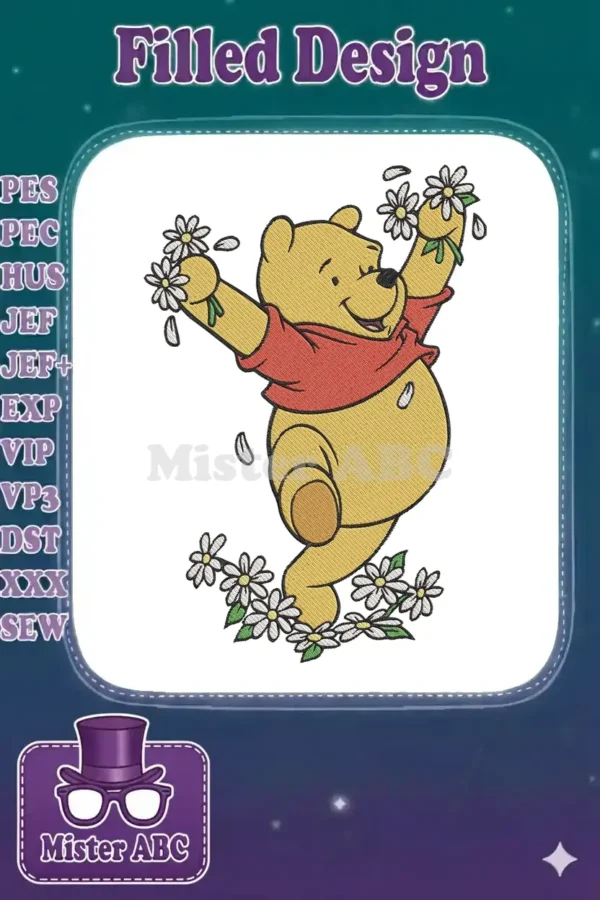 Winnie the Pooh embroidery design, standing happily amidst falling daisies, with arms outstretched. A joyful character.