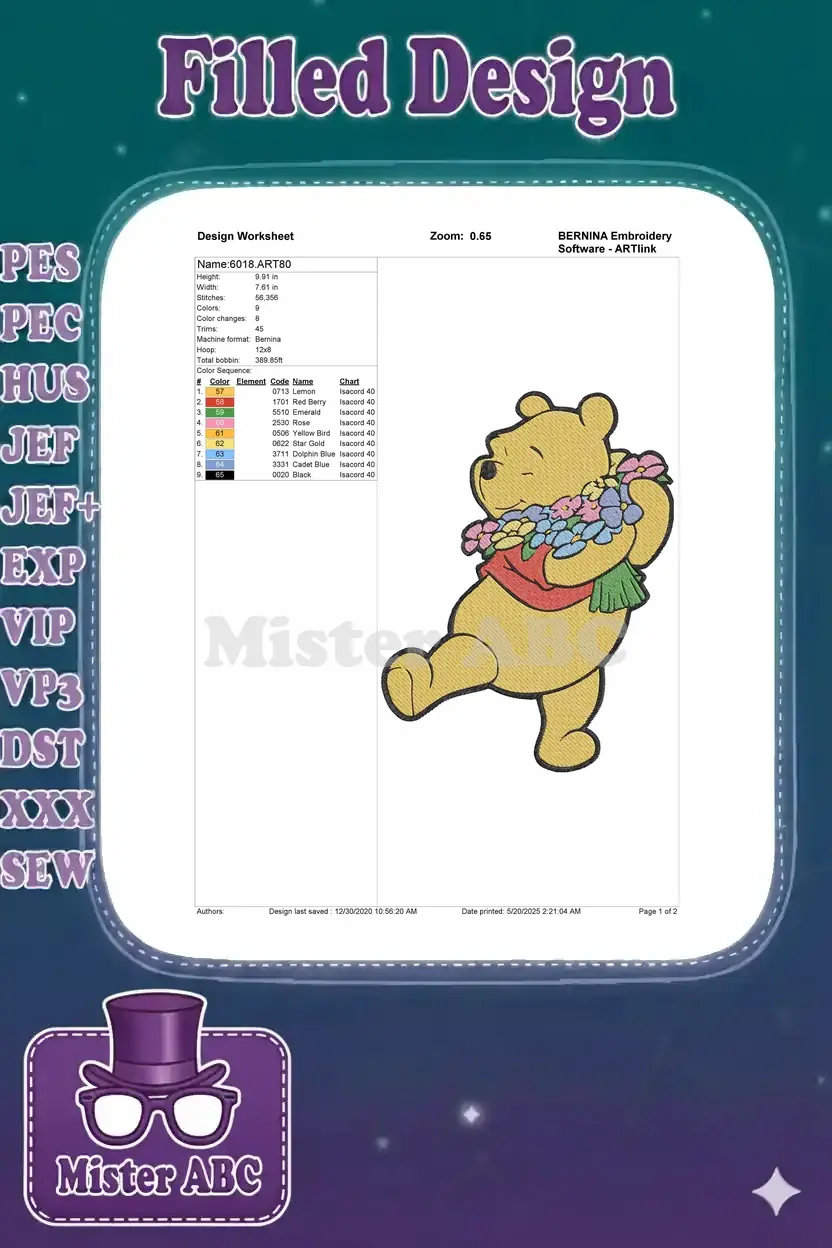Embroidery design worksheet for Winnie the Pooh, showing dimensions, stitch count, and thread color details.