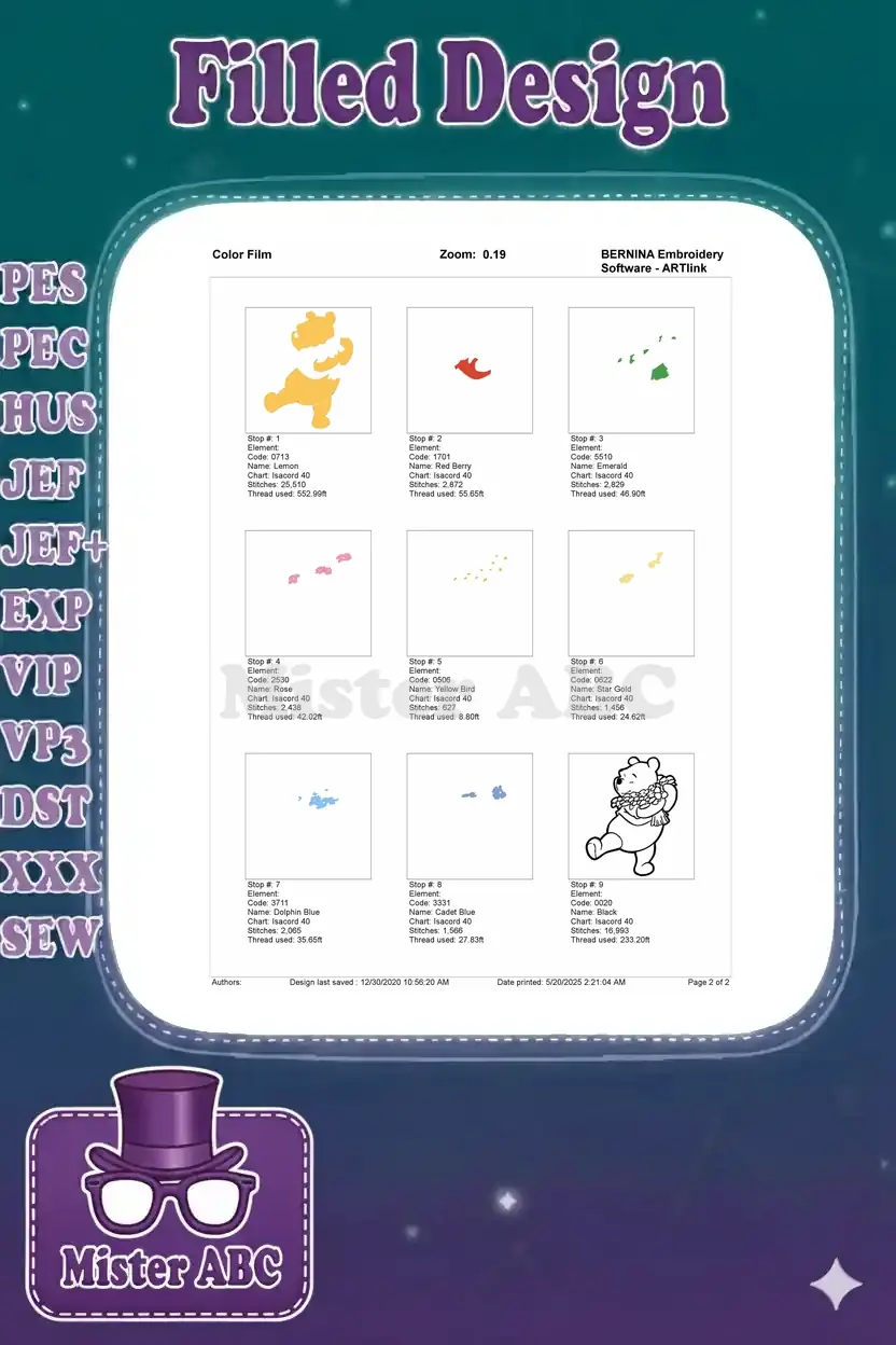 Color film breakdown of the Winnie the Pooh embroidery, illustrating each sequential color element and stitch count.