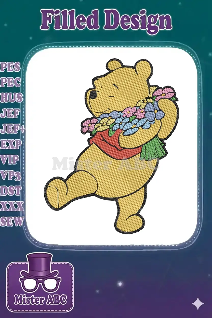 Winnie the Pooh embroidery design, a beloved character holding a colorful bouquet, detailed with rich texture.