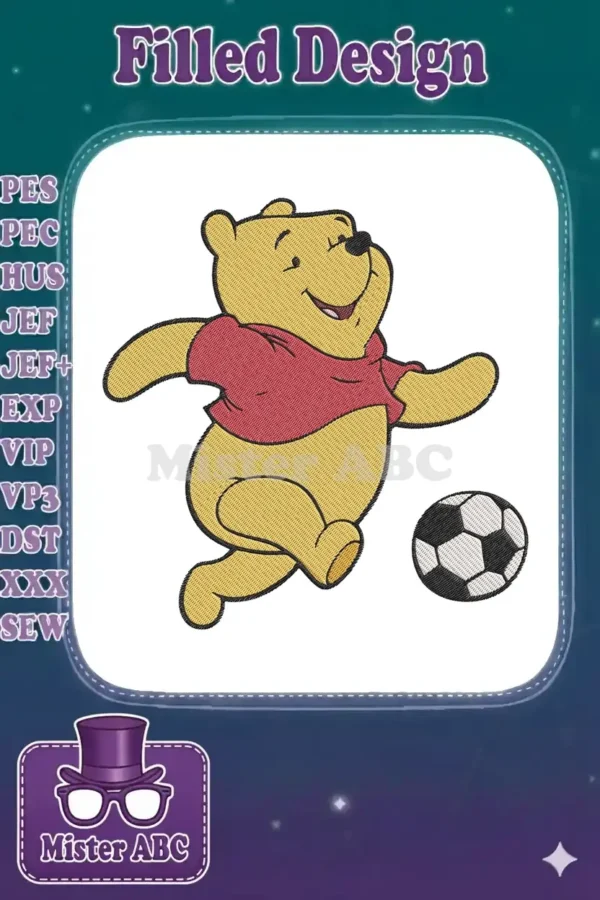 Playful Winnie the Pooh embroidery design, mid-kick with a soccer ball, featuring vibrant yellow and red threads.
