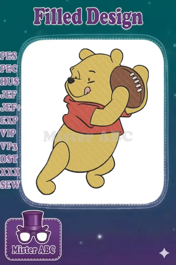 Winnie the Pooh in a dynamic running pose, happily holding a football, showcasing a detailed embroidery design.