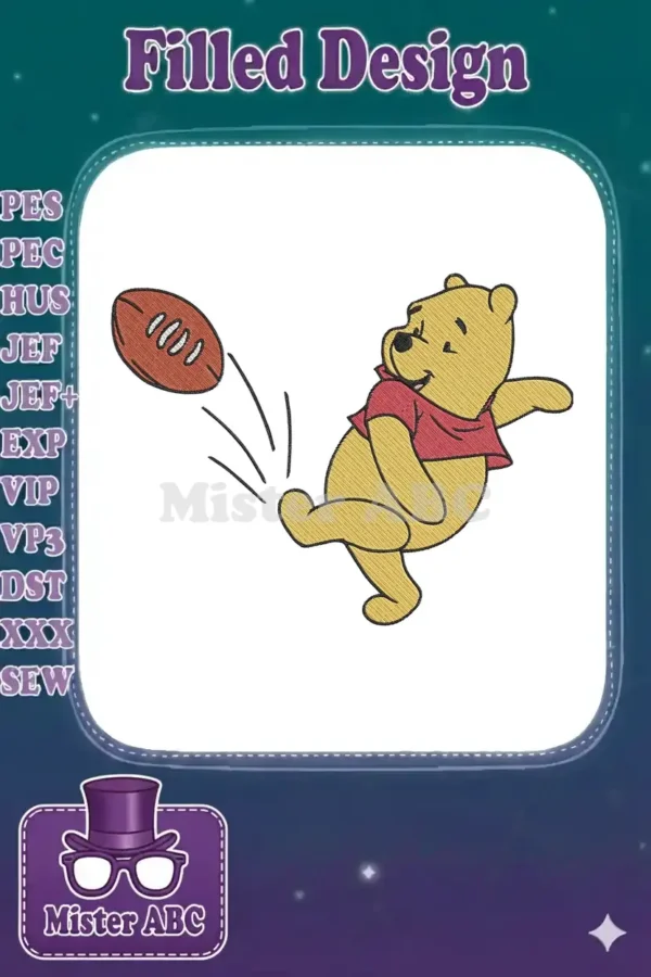 Embroidered Winnie the Pooh in a red shirt, joyfully kicking a brown football with animated lines.
