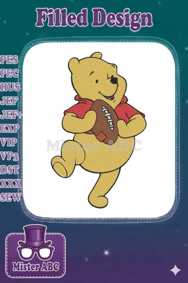 Winnie the Pooh embroidery design, cheerfully running with a football, perfect for children's apparel and gifts.