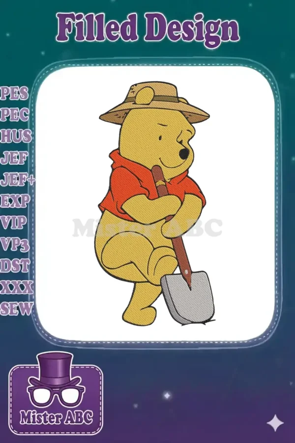 Winnie the Pooh embroidery design, wearing a straw hat and holding a shovel, ready for a fun gardening adventure.