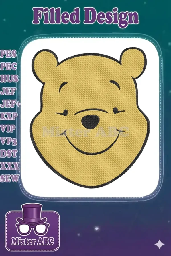 Close-up of a charming Winnie the Pooh embroidery design, featuring his iconic smiling face in golden yellow and black.