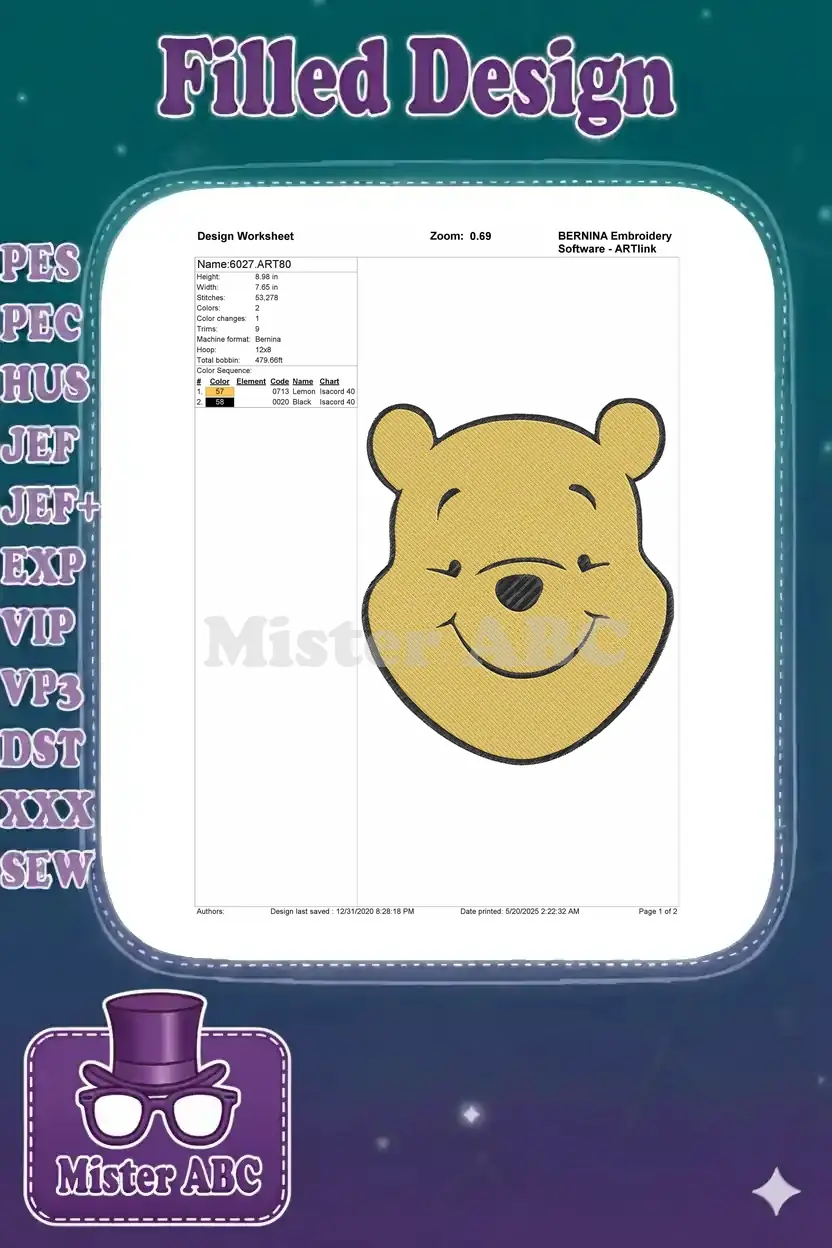 Detailed embroidery design worksheet for Winnie the Pooh, showing dimensions, stitch count, and color sequence.