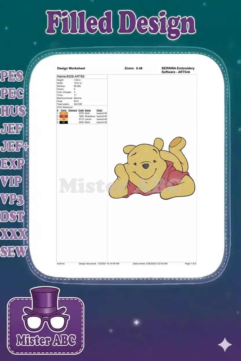 Embroidery design worksheet for Winnie the Pooh showing dimensions, stitch count, colors, and machine format.