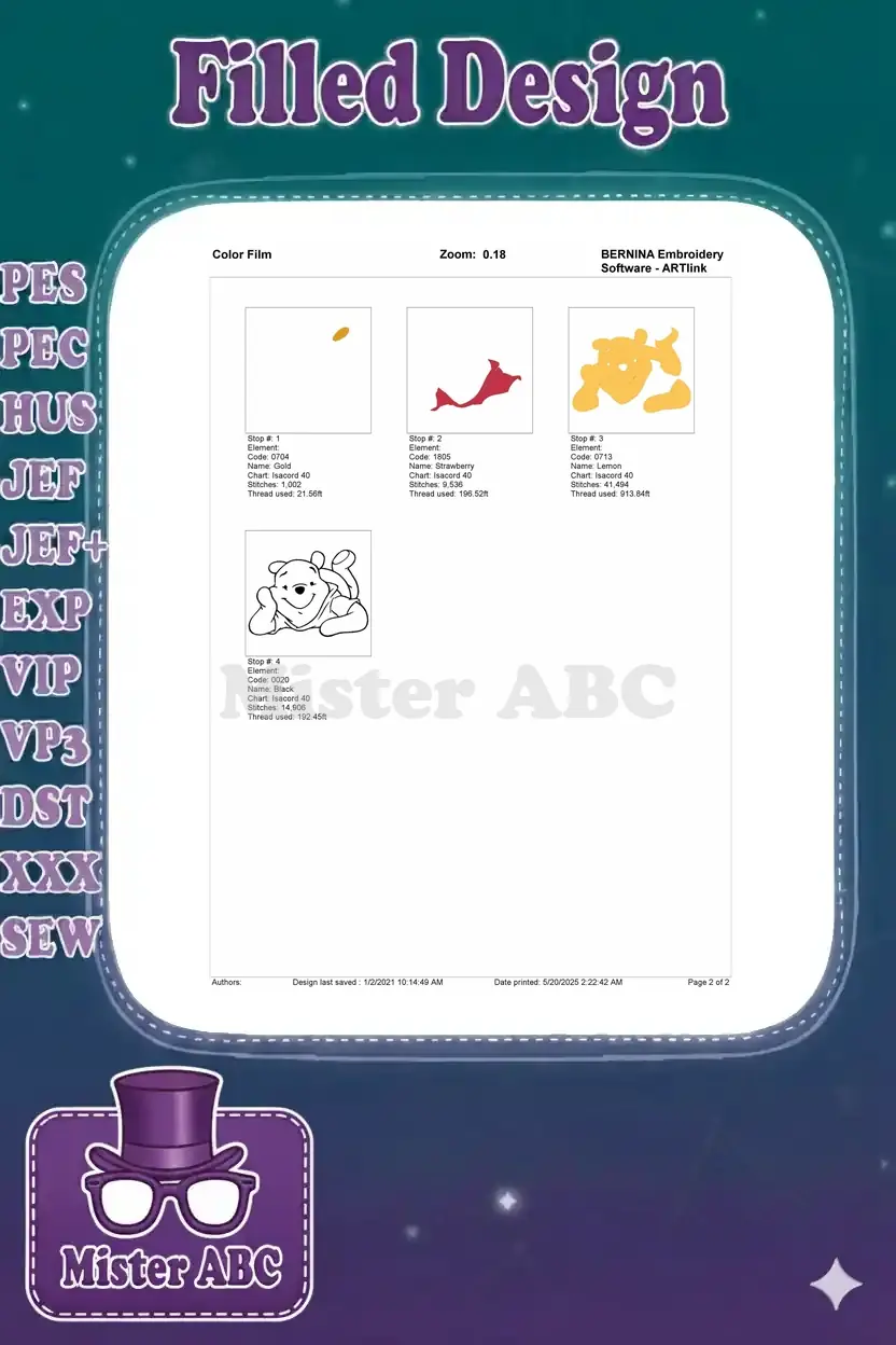 Color film sequence showing the stitch-by-stitch progression of the Winnie the Pooh embroidery design.