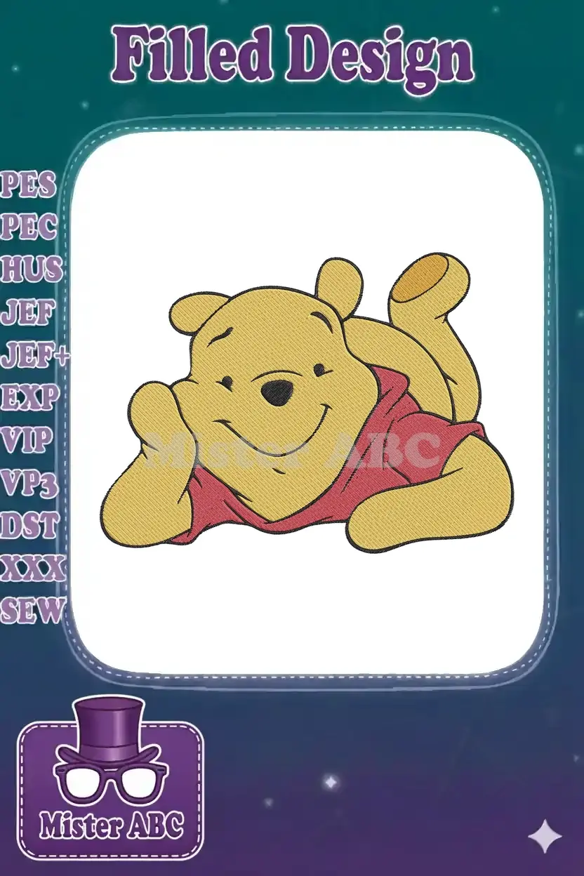 Embroidered Winnie the Pooh design, showing the beloved bear lying down, smiling adorably in a red shirt.