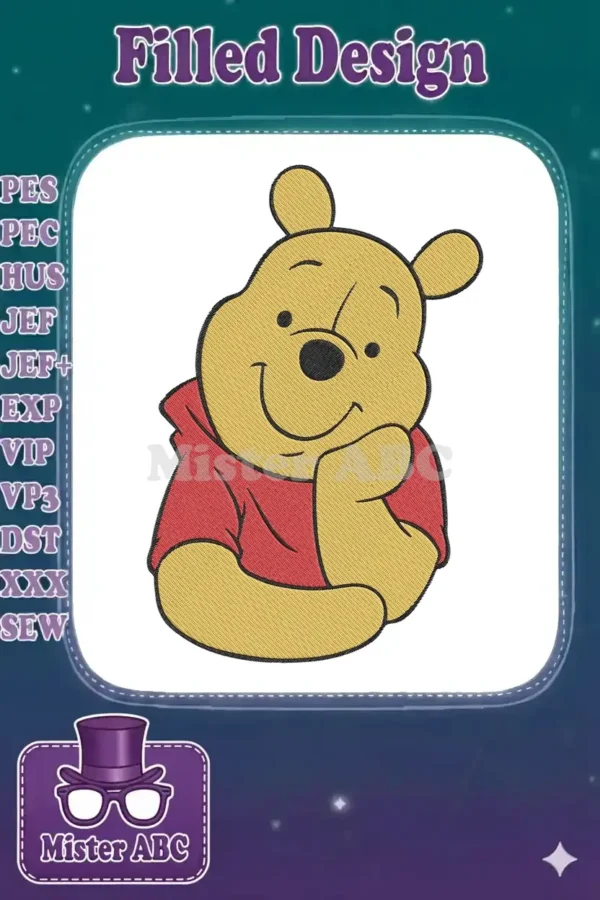 A cheerful Winnie the Pooh embroidery design with a yellow body and red shirt, resting his head on his hand. Perfect for children's items.