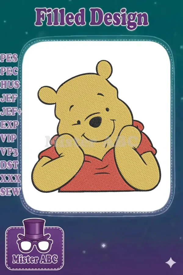 Close-up of a charming Winnie the Pooh embroidery design, featuring his golden yellow fur and red shirt, smiling sweetly.