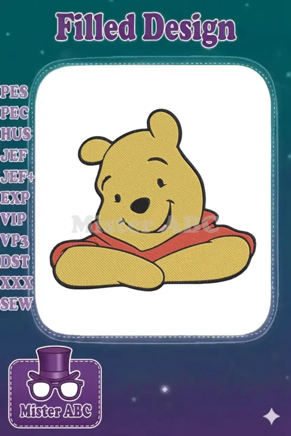 A vibrant embroidery design featuring Winnie the Pooh's happy face and crossed arms, rendered in classic colors.