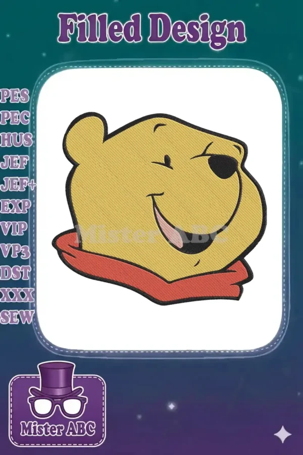 A vibrant embroidery design of Winnie the Pooh's head, winking with a cheerful smile and wearing a red scarf.