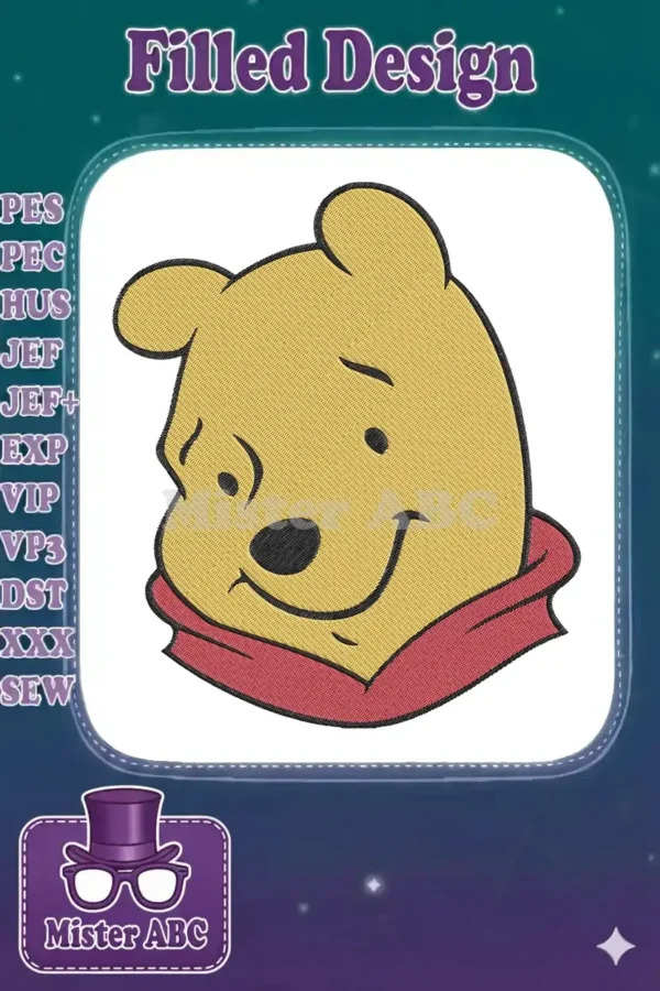 A vibrant embroidery design featuring Winnie the Pooh's happy face, with yellow fur and a red collar.