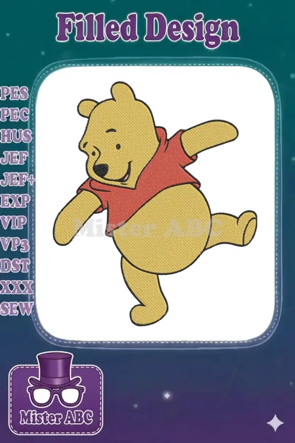 Winnie the Pooh machine embroidery design, featuring the beloved bear in a jaunty, active pose, with a classic red shirt.