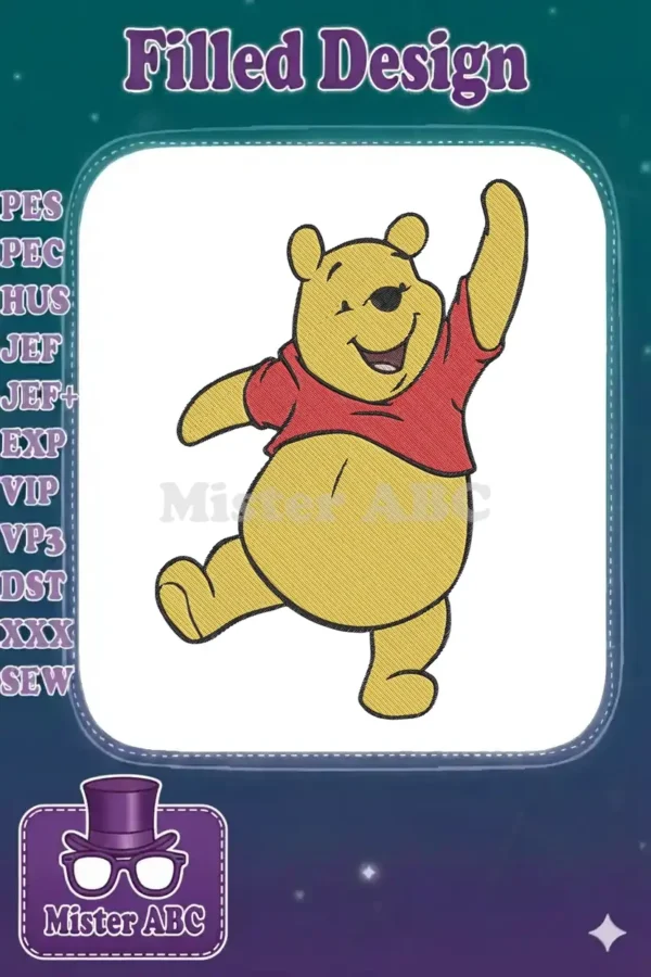 Vibrant embroidery design featuring Winnie the Pooh in a cheerful, dancing pose, perfect for children's items.