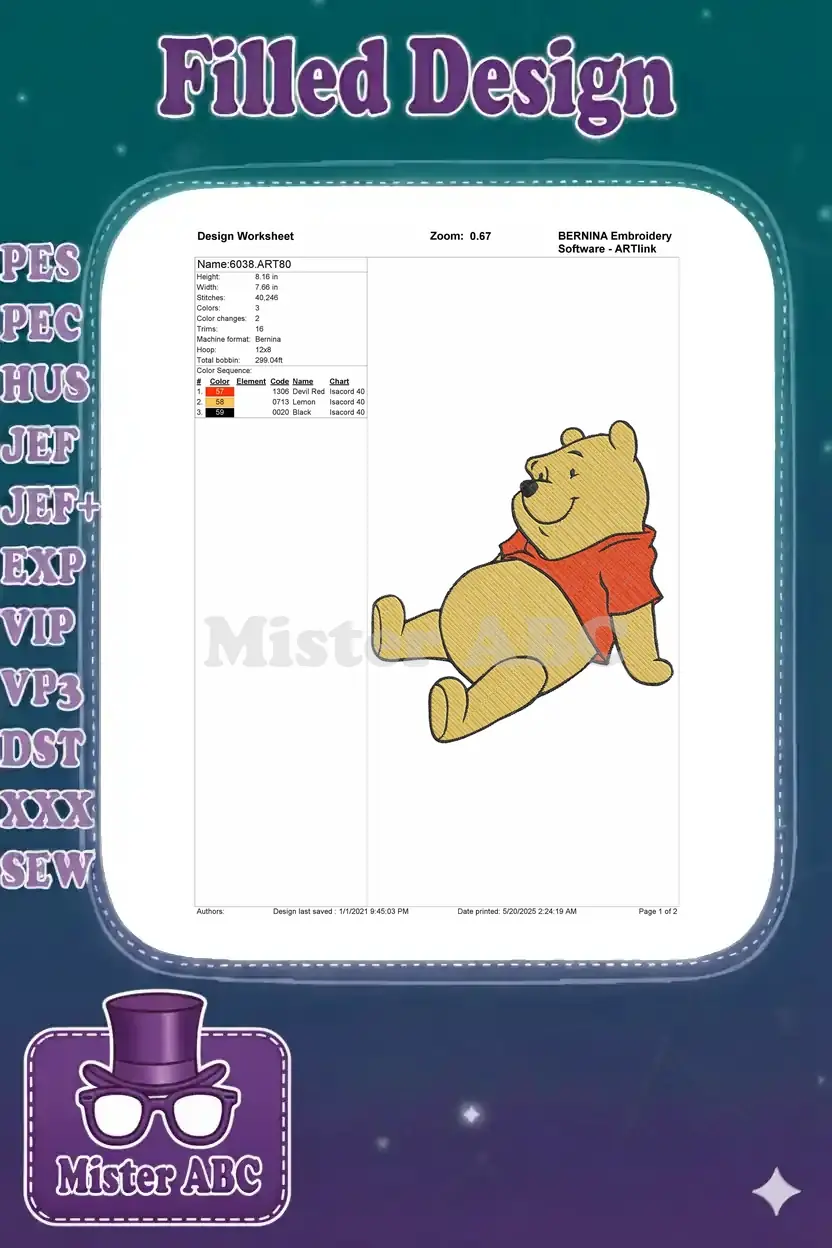 An embroidery design worksheet for Winnie the Pooh, detailing dimensions, stitch count, color sequence, and thread types.