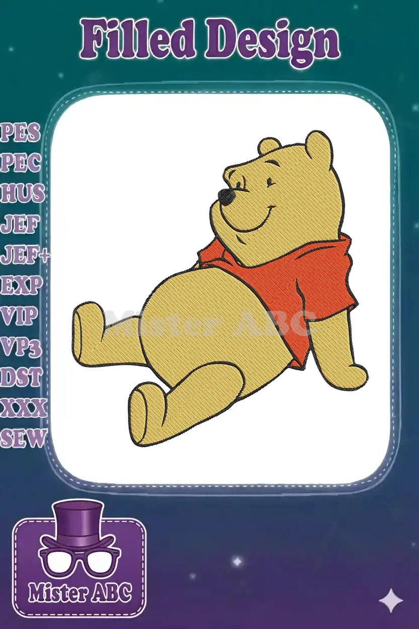 A cheerful embroidery of Winnie the Pooh, the beloved bear, laying down and smiling, featuring rich gold and red threads.