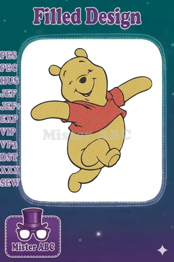 A vibrant embroidery design of Winnie the Pooh in a joyful, leaping pose, showcasing detailed satin stitches and classic colors.