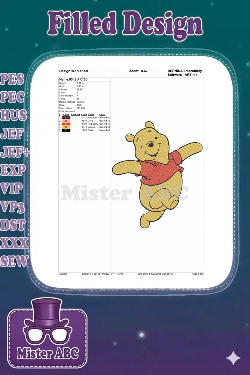 An embroidery design worksheet for Winnie the Pooh, detailing stitch count, dimensions, color chart, and thread information.