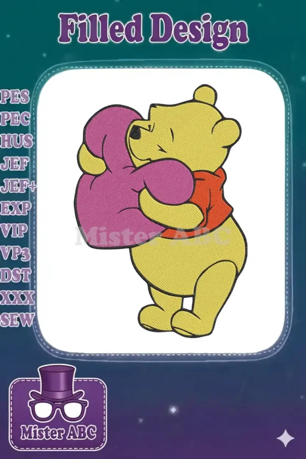 Winnie the Pooh embroidery design, cheerfully hugging a vibrant purple heart, perfect for adding warmth.