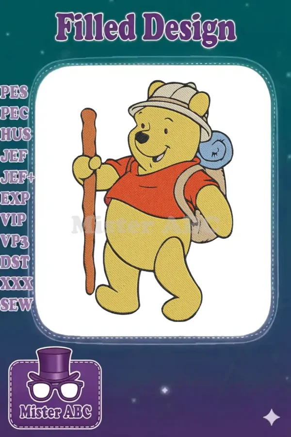 Winnie the Pooh in an adventurer's hat, carrying a walking stick and backpack, ready for a fun hike.