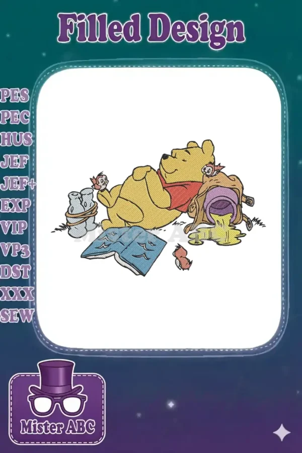 Winnie the Pooh embroidery design featuring Pooh relaxing with a book, spilled honey, and two small owl friends.